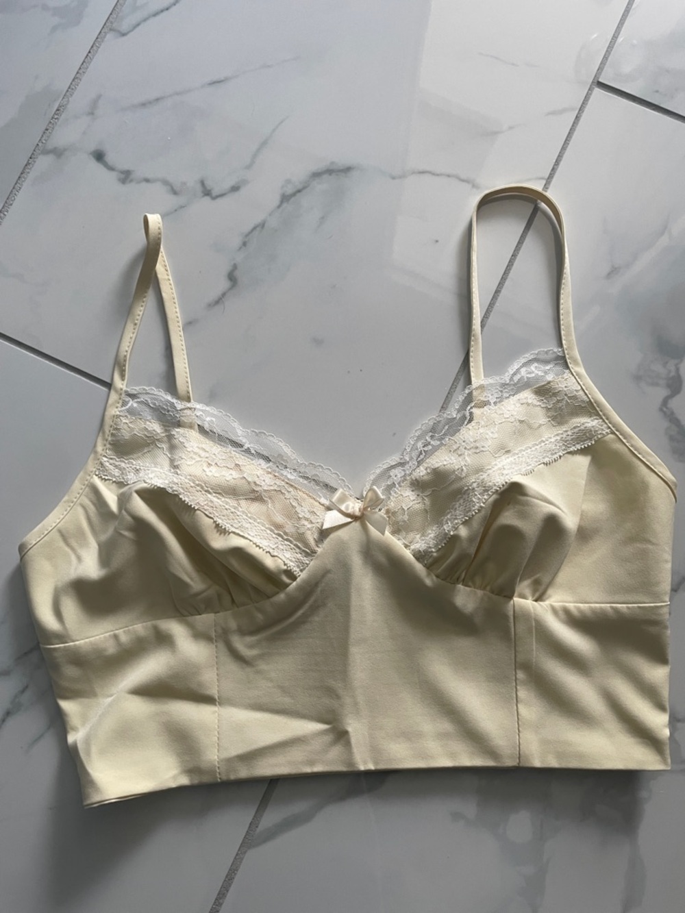 Cider Pale Yellow Lace-Trim Longline Bralette